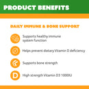 Product benefits for daily immune and bone support with icons and text on a green and orange background.