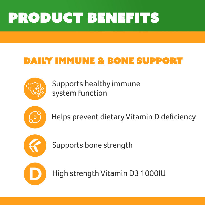 Product benefits for daily immune and bone support with icons and text on a green and orange background.