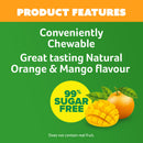 Product features label with orange and mango flavor text on a green background