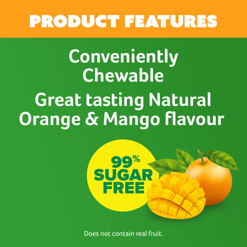 Product features label with orange and mango flavor text on a green background