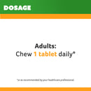 Dosage instruction for adults to chew 1 tablet daily, with 'Dosage' branding at the top.