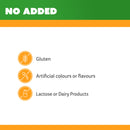 Product label indicating 'No Added' for gluten, artificial colours or flavours, and lactose or dairy products.