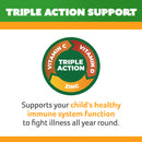 Triple Action Support label with vitamins and zinc on a green and orange background