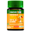 Cenovis Kids Chewable Triple Action Vit C, D & Zinc supplement bottle on a white background