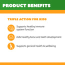 Product benefits for kids with icons and text on a green and orange background