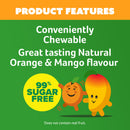Product features with orange and mango characters on a green background