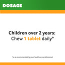 Dosage instruction for children over 2 years to chew 1 tablet daily, with DOSAGE branding at the top.
