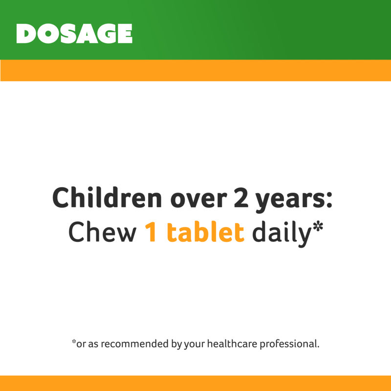 Dosage instruction for children over 2 years to chew 1 tablet daily, with DOSAGE branding at the top.