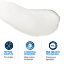Cosmetic product with labeled benefits on a white background