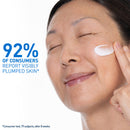 Woman applying cream to her face with text about consumer reports on visibly plumped skin.