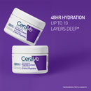 CeraVe Peptide Cream jars on a purple background with text about hydration.