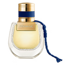 Perfume bottle labeled 'Nomade' with gold cap and blue accents on a white background
