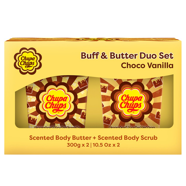 Chupa Chups Buff & Butter Duo Set packaging for Choco Vanilla scented body butter and scrub.