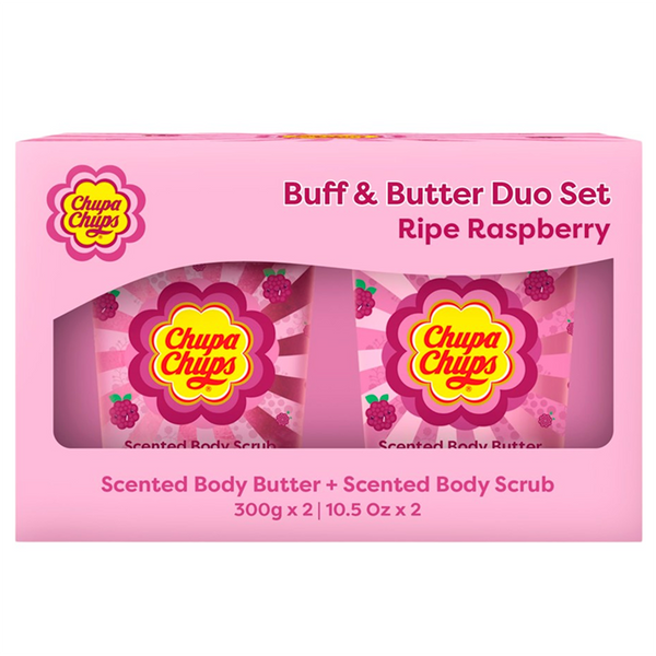 Chupa Chups Buff & Butter Duo Set packaging with pink background