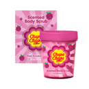 Chupa Chups Scented Body Scrub packaging with pink and raspberry design on a white background