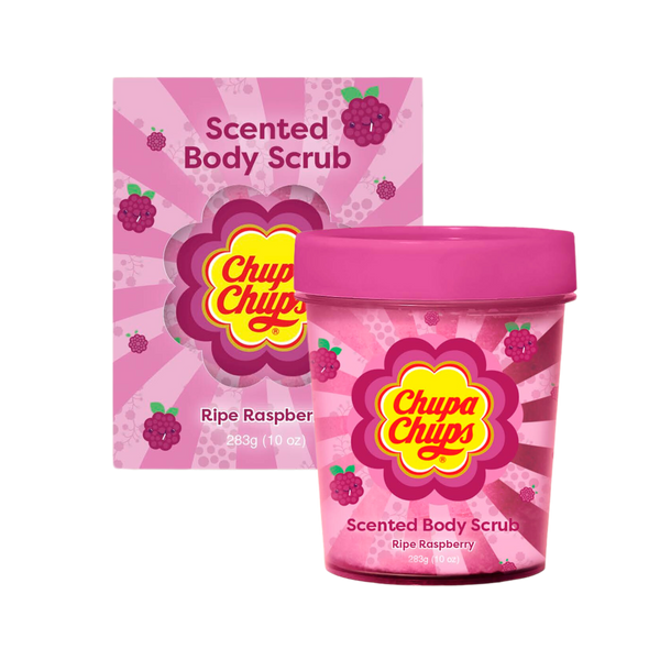 Chupa Chups Scented Body Scrub packaging with pink and raspberry design on a white background