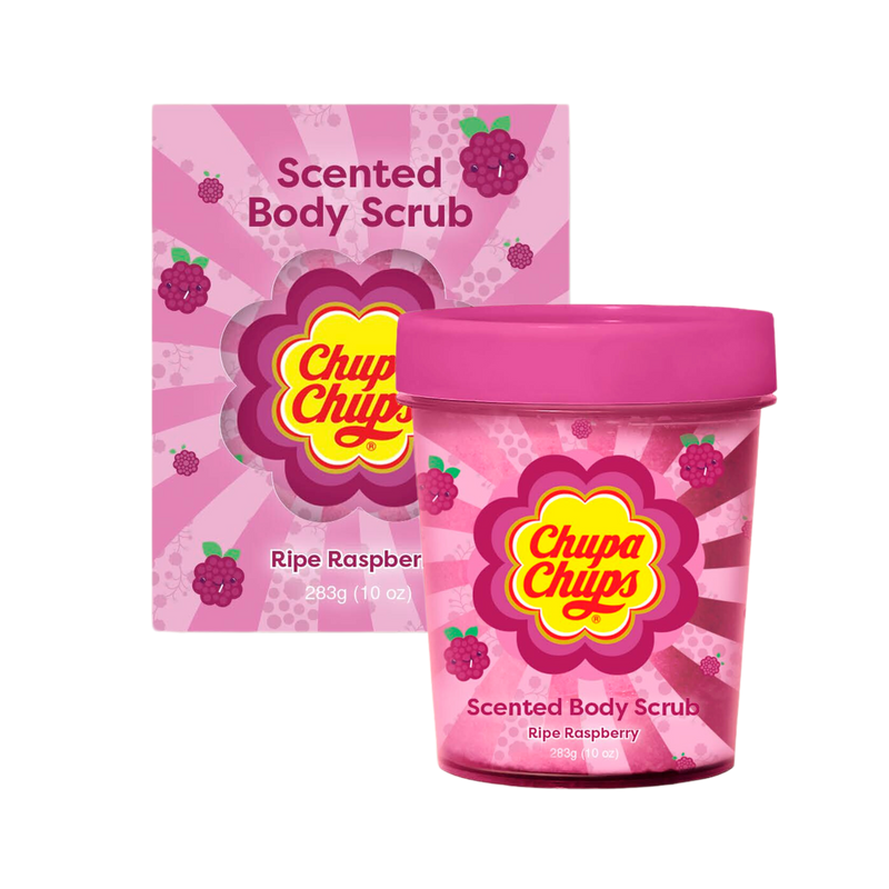 Chupa Chups Scented Body Scrub packaging with pink and raspberry design on a white background