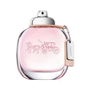 Pink perfume bottle with silver cap and brand logo on a white background