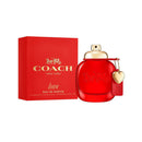 Red Coach perfume bottle with matching box on a white background