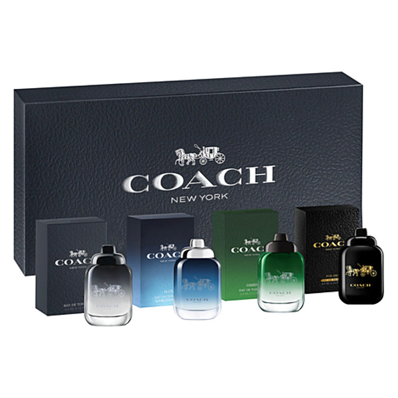 Coach New York perfume set with bottles and packaging on a white background