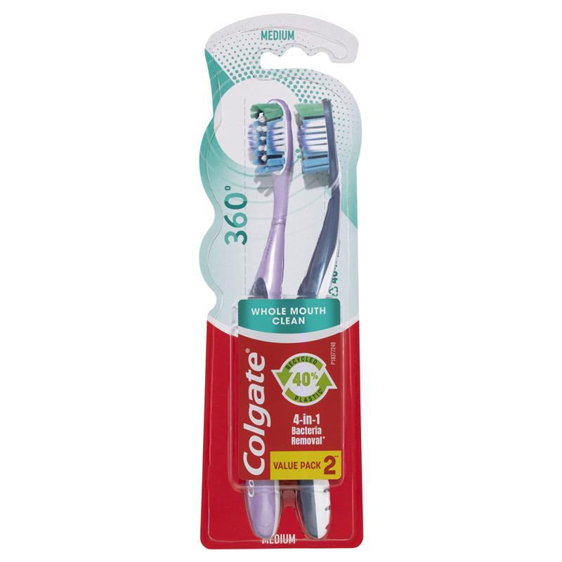 Colgate 360° Whole Mouth Clean Manual Toothbrush Medium 2 Pack