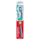 Packaged Colgate 360° medium manual toothbrush with bristles visible, designed for whole mouth cleaning.