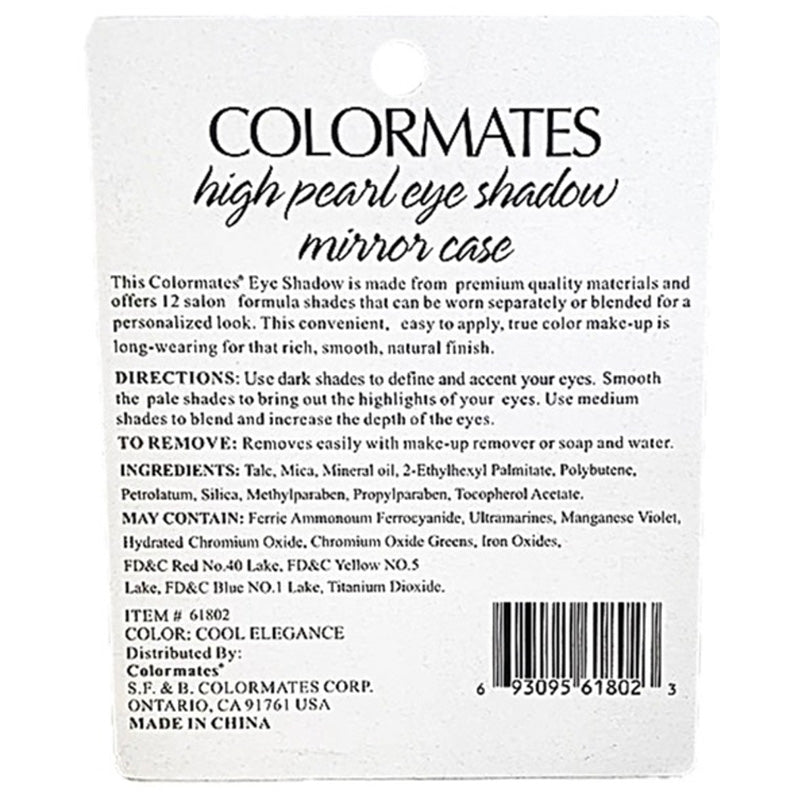 Back of a Colormates high pearl eye shadow mirror case with text and barcode.