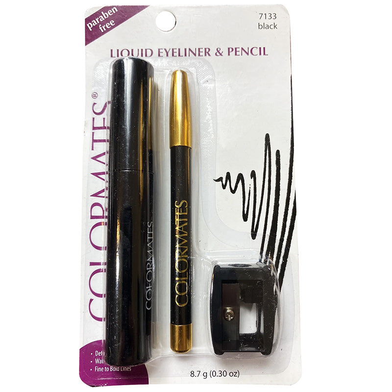 Colormates liquid eyeliner and pencil set with packaging on a white background