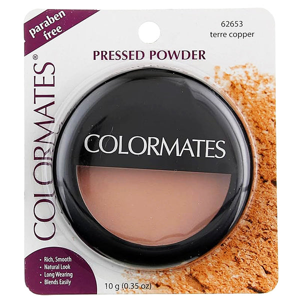 Colormates pressed powder packaging with terracotta color swatch on a white background