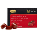 Box of 100% Manuka UMF 10+ honey lozenges with Comvita branding on a white background.