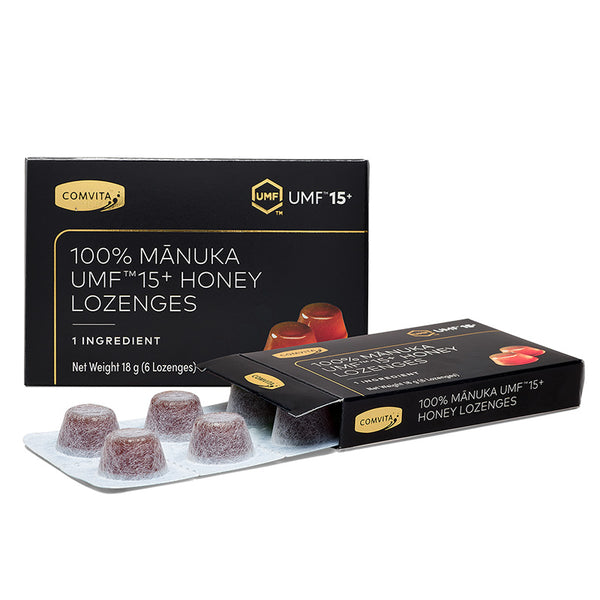 Comvita UMF 15+ Manuka Honey Lozenges packaging on a white background