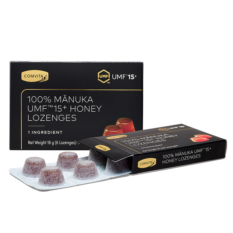Comvita UMF 15+ Manuka Honey Lozenges packaging on a white background