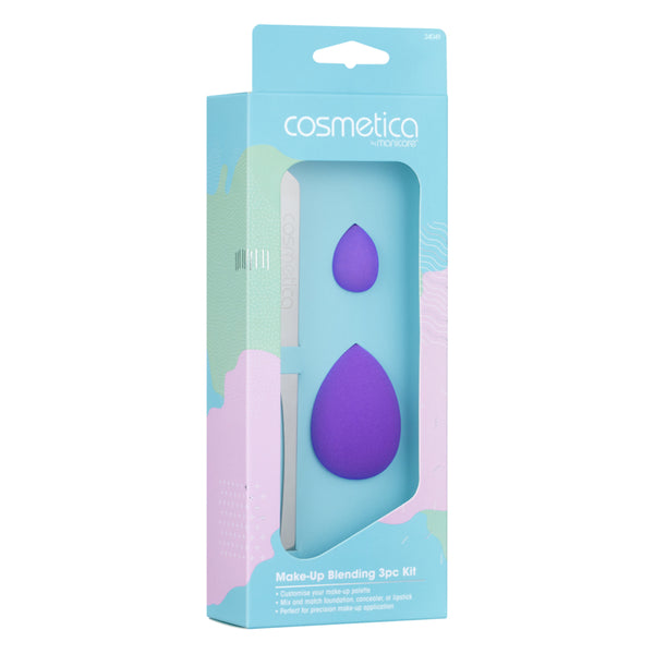 Cosmetica makeup blending sponge kit packaging with purple sponge and white handle on a light blue background.