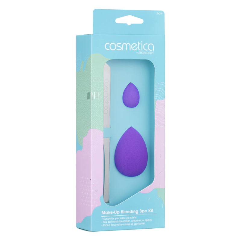 Cosmetica makeup blending sponge kit packaging with purple sponge and white handle on a light blue background.