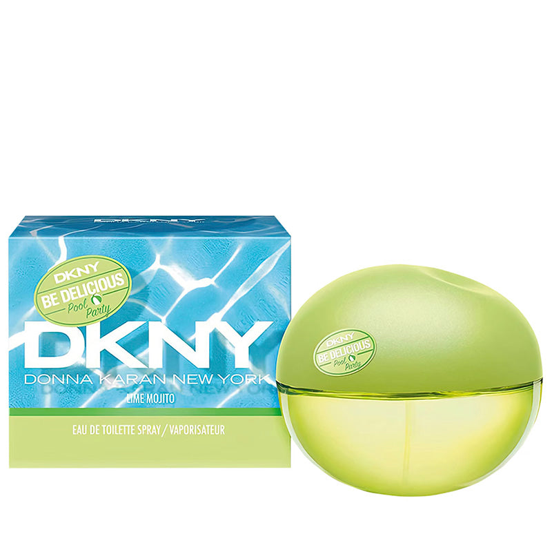 DKNY Pool Party Lime Mojito Eau De Toilette 50ml with its green-colored bottle and blue-themed packaging, displaying the brand name and product name.
