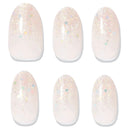 Six oval-shaped press-on nails arranged in two rows of three, featuring a glossy pale pink base with dense iridescent glitter and small multicolored confetti-like sparkles.