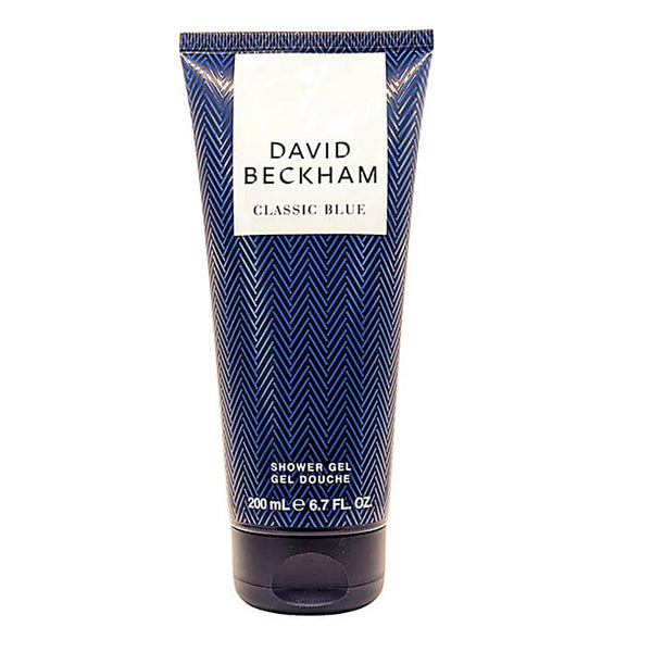 Tube of David Beckham Classic Blue shower gel on a white background