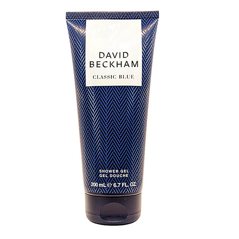Tube of David Beckham Classic Blue shower gel on a white background