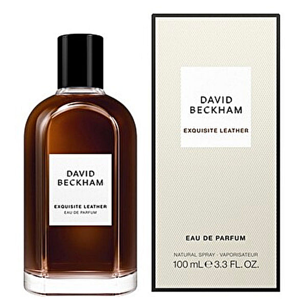 David Beckham Exquisite Leather perfume bottle and packaging on a white background