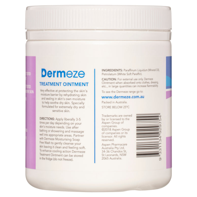 Back view of a Dermeze Treatment Ointment jar with text and branding.
