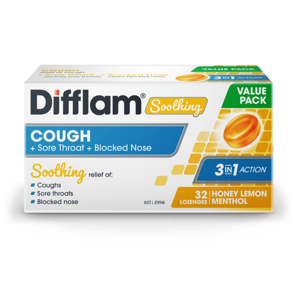 Difflam Soothing Cough + Sore Throat + Blocked Nose Honey & Lemon Lozenges 32 Pack