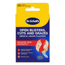 Dr.Scholls Open Blisters, Cuts and Grazes Medical Grade Blister Plasters packaging on a white background