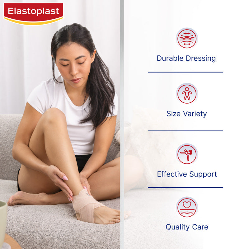 Woman applying Elastoplast bandage to her leg with product features on the side.