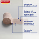 Elastoplast bandage roll with features listed on a gray background