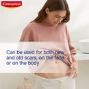 Woman holding her stomach with Elastoplast branding and product description text.