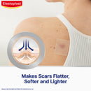 Elastoplast scar treatment patch on a person's shoulder with branding and text.