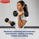 Woman lifting weights with Elastoplast branding and product benefits text.
