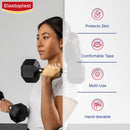 Woman lifting weights with Elastoplast branding and product features listed on the right.