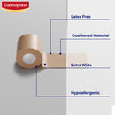 Elastoplast bandage roll with features listed on a gray background
