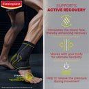 Elastoplast dynamic guard technology compression sleeve on a person's leg with product features listed.